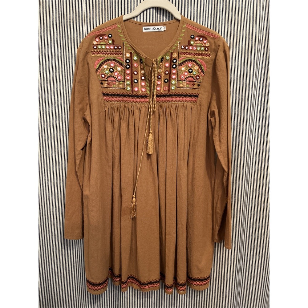 Miss Koo Paris Boho Tunic Blouse Womens Small Embroidered Yoke Tassels